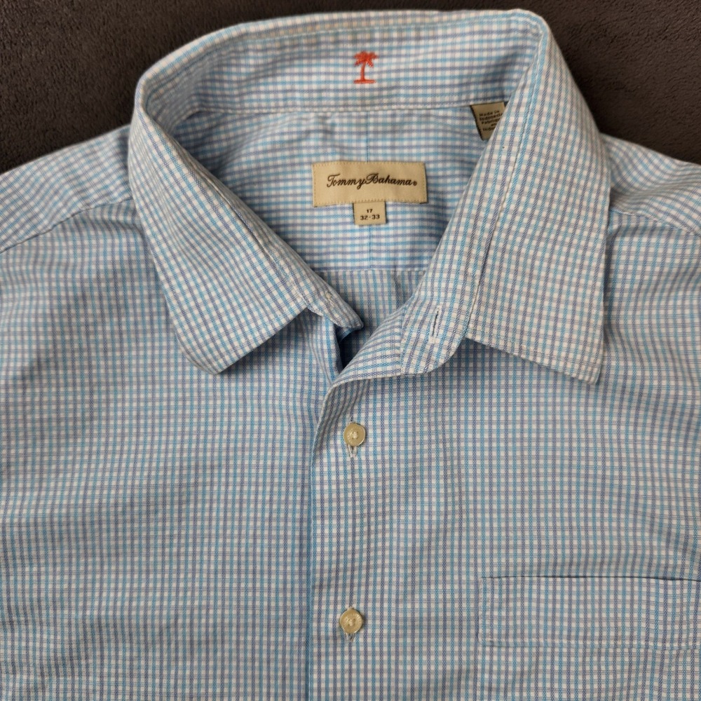 Tommy Bahama Dress‎ Shirt Mens 17 32/33 Blue Gingham Check Long Sleeve Button Up